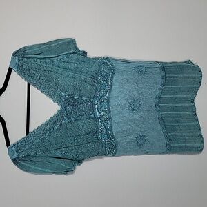 Y2K Fairycore Embroidered Lace Short Sleeve Top Size L Blue Whimsigoth Medieval